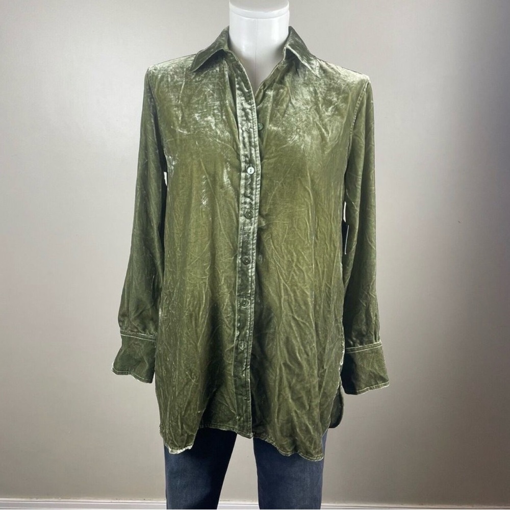 John Mark Large Crushed Velvet Button Up Shirt Blouse Top Long Sleeve Green